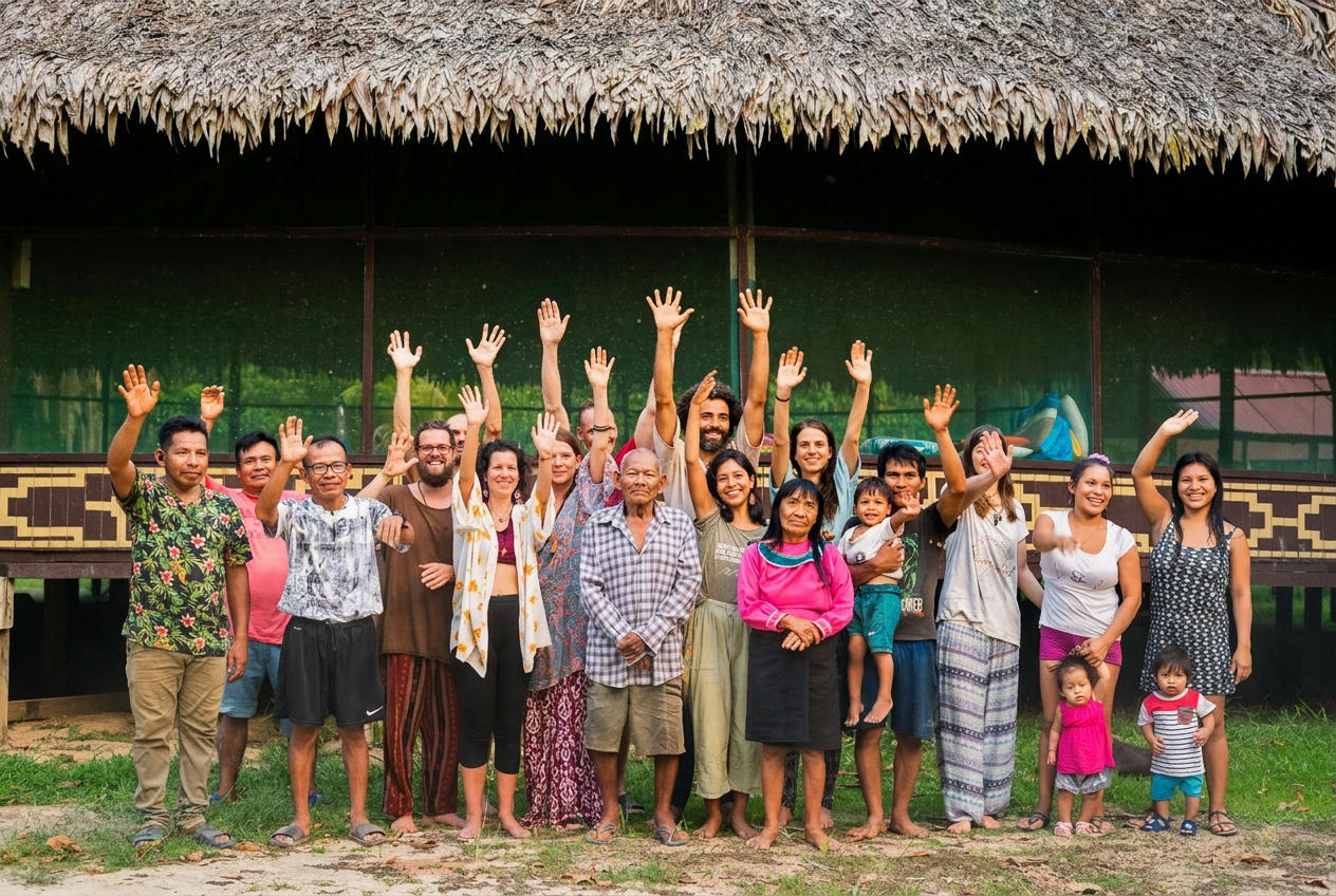 Community gathered in front of a traditional Shipibo maloca, waving in celebration of partnership and stewardship