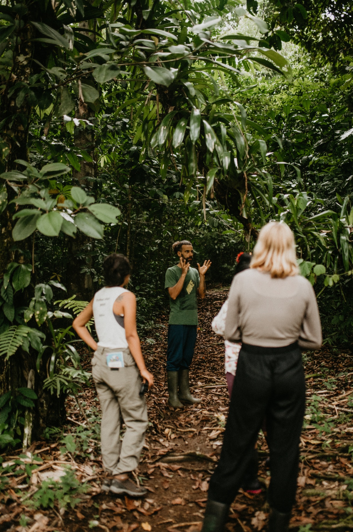 Local guide sharing knowledge of the rainforest with visitors on a forest trail