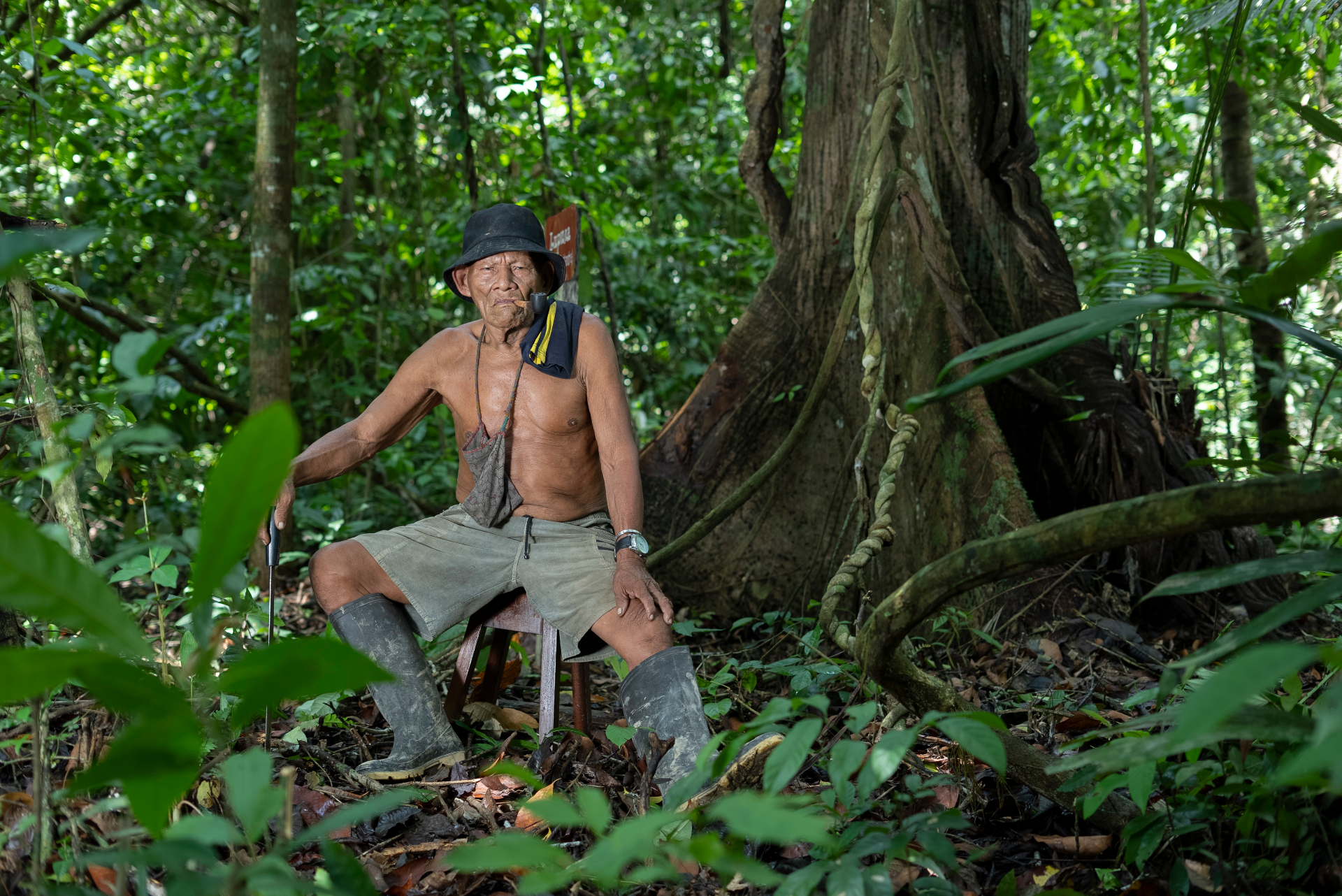 Portrait of Papa Horacio, Shipibo elder, seated beneath a great tree in the Peruvian Amazon