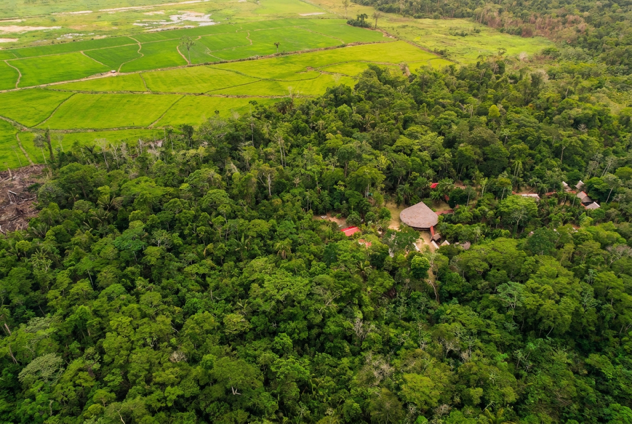 Aerial view of Kene Bari, a protected island of Amazon rainforest bordered by rice monoculture fields